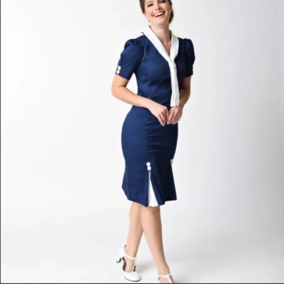 Unique Vintage x Hell Bunny Plus Size Navy Blue Sailor Jackie Pencil Dress - Picture 2 of 14